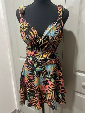 Tropical Floral Black Mini Dress with Multicolor Print